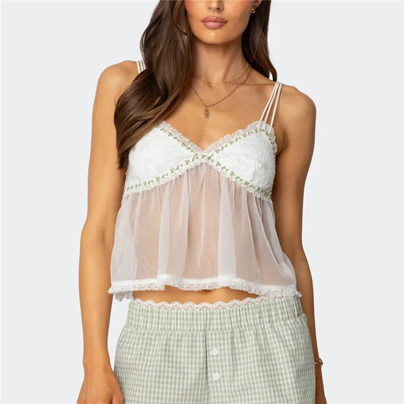 Women's Summer Babydoll Crop Tops Sexy Ladies Sleeveless Spaghetti Strap Sheer Camisole Cami Tank Tops Party Clubwear