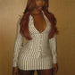Women Vertical Stripe Two Piece Matching Set Lapel Button Long Sleeve Top And Bodycon Mini Skirt Slim Sexy Clubwear