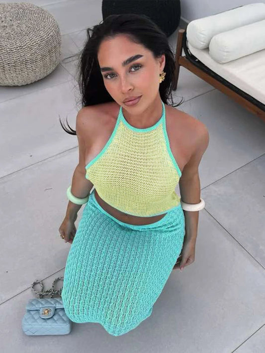 Beach Crochet Women 2 Piece Set Sleeveless Irregular Backless Halter Tank Tops+Maxi Skirts Vacation Matching Clubwear