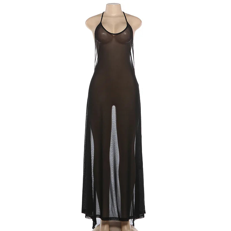 Women Heart Metal Ring Halter Maxi Dress Ultra Open Back Sheer Mesh Slinky Floor Length Evening Gown Club Party Dress