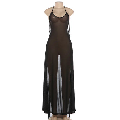Women Heart Metal Ring Halter Maxi Dress Ultra Open Back Sheer Mesh Slinky Floor Length Evening Gown Club Party Dress