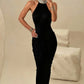 Button Stripe Turtleneck Maxi Dress Women Backless Folds High Split Sleeveless Elegant Fashion Banquet Chic Vestidos