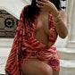 Sexy Halter Backless Dress Women Trend Air Print Deep V-Neck Ruched Bandages Peach Hip Trend Vacation Party Clubwear