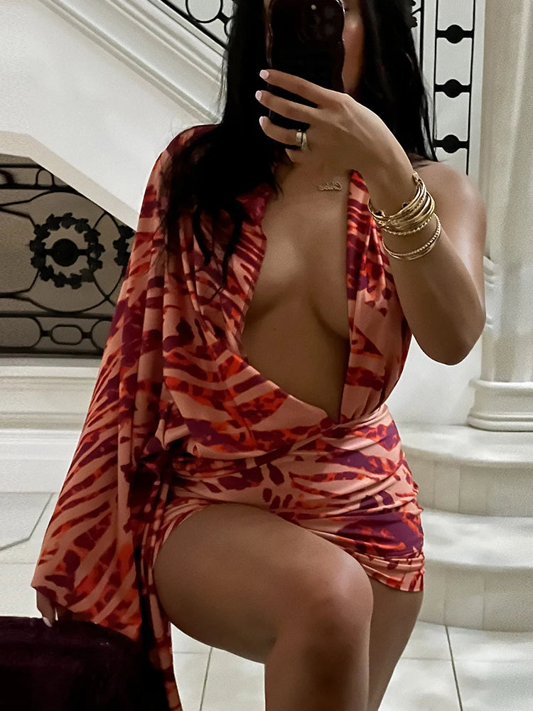 Sexy Halter Backless Dress Women Trend Air Print Deep V-Neck Ruched Bandages Peach Hip Trend Vacation Party Clubwear