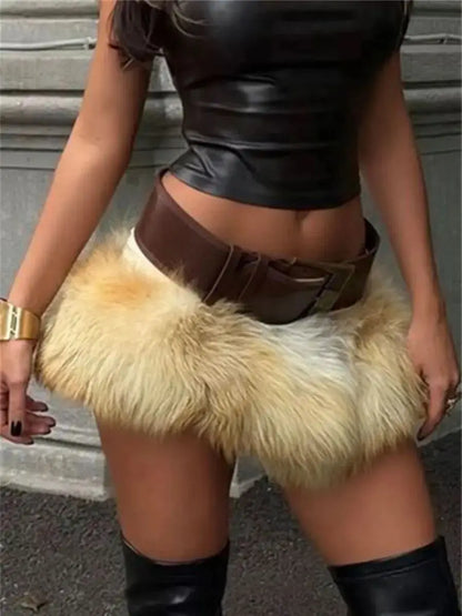 Hipster Sexy Furry Skirt Women Tie-Dye Style Winter Trend Tassel Elastic Waist Wild Hottie Street Skinny Club Mini Bottom