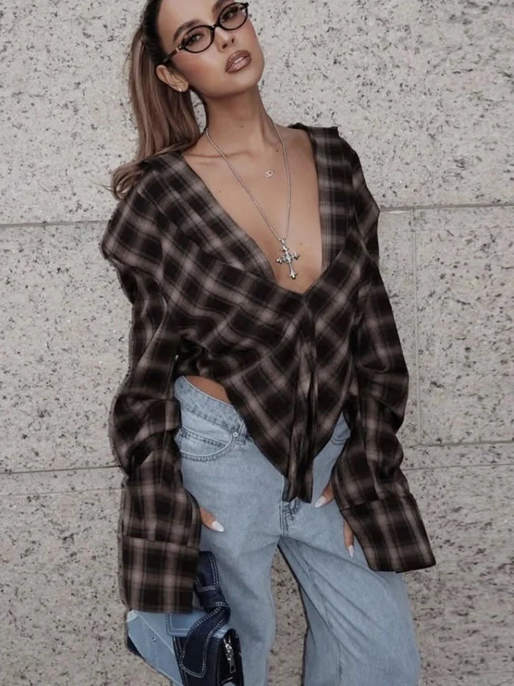 Womens Long Sleeve Shirts Vintage Plaid Print Deep V Neck Loose Blouse for Woman Clothes Fall Tops