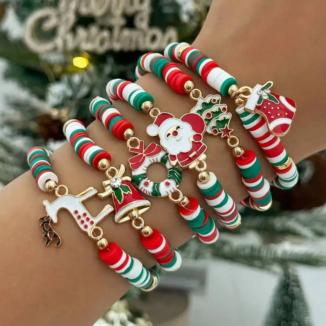 6 Pcs/Set Exquisite Christmas Tree Santa Claus Boots Bracelet Fashion Cute Polymer Clay Bracelets Year Party Jewelry 2026