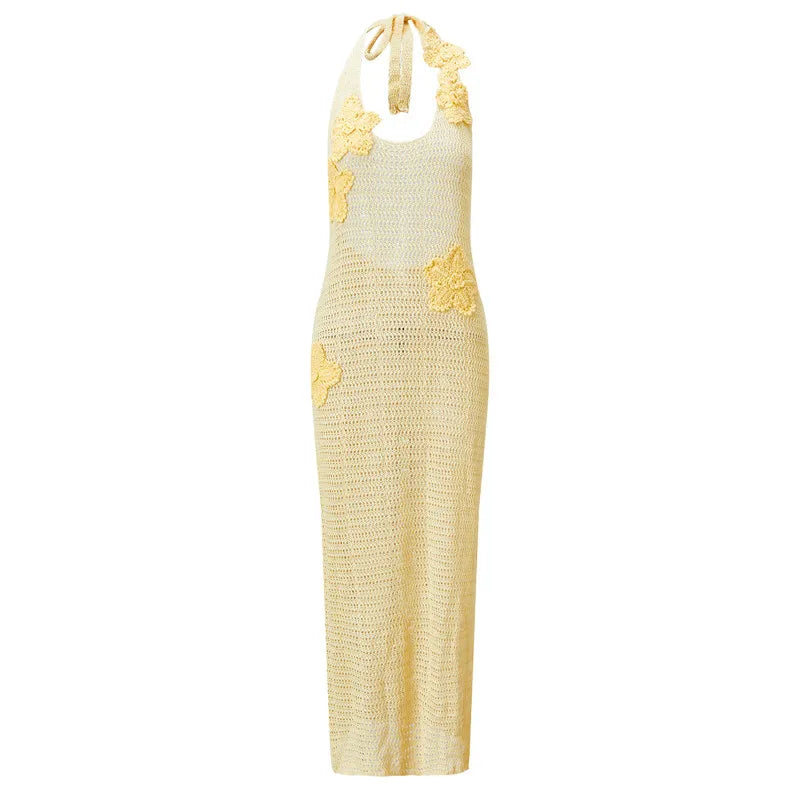 Sexy Women's Halter Neck Knit Dress Sleeveless 3D Flower Hollow Out Bodycon Long Dress Holiday Beach Sundress