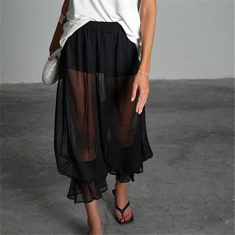 Casual Mesh See-Through Crop Trousers with Safety Shorts for Daily Women Capri Bloomers Pants Y2K Vintage Streetwear