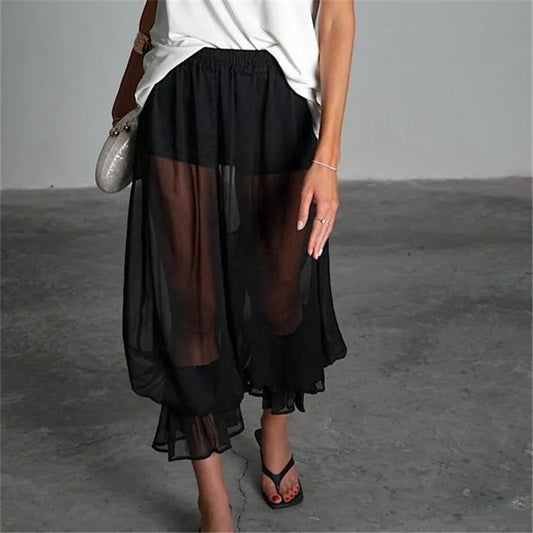 Casual Mesh See-Through Crop Trousers with Safety Shorts for Daily Women Capri Bloomers Pants Y2K Vintage Streetwear