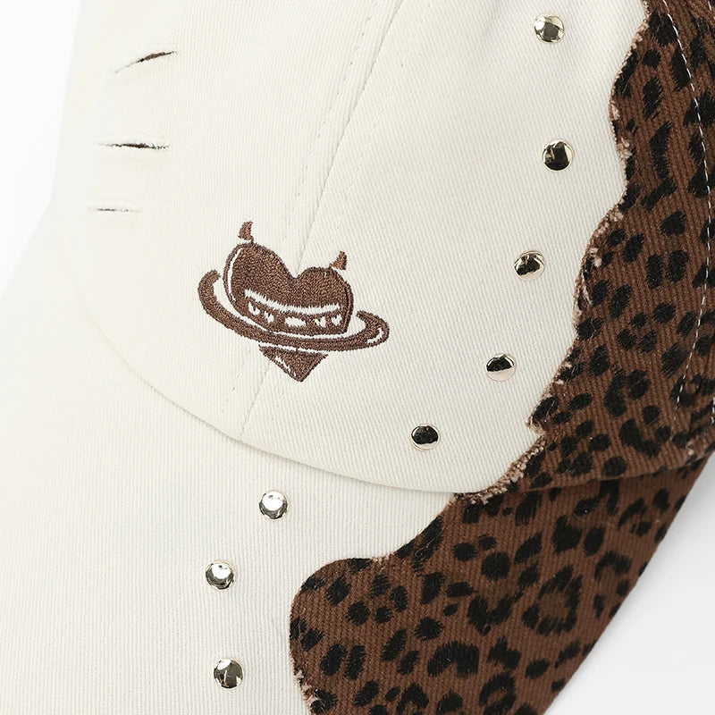 Asymmetrical Cat‑Ear Leopard Studded Baseball Cap with Embroidery Detail, Y2K Stylish Sun Hat for Street
