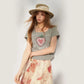 Women's Fitted Square Neck T-Shirt with Sketch Strawberry Heart Graphic Print, Cap Sleeve Ruched Crop Tee for Summer