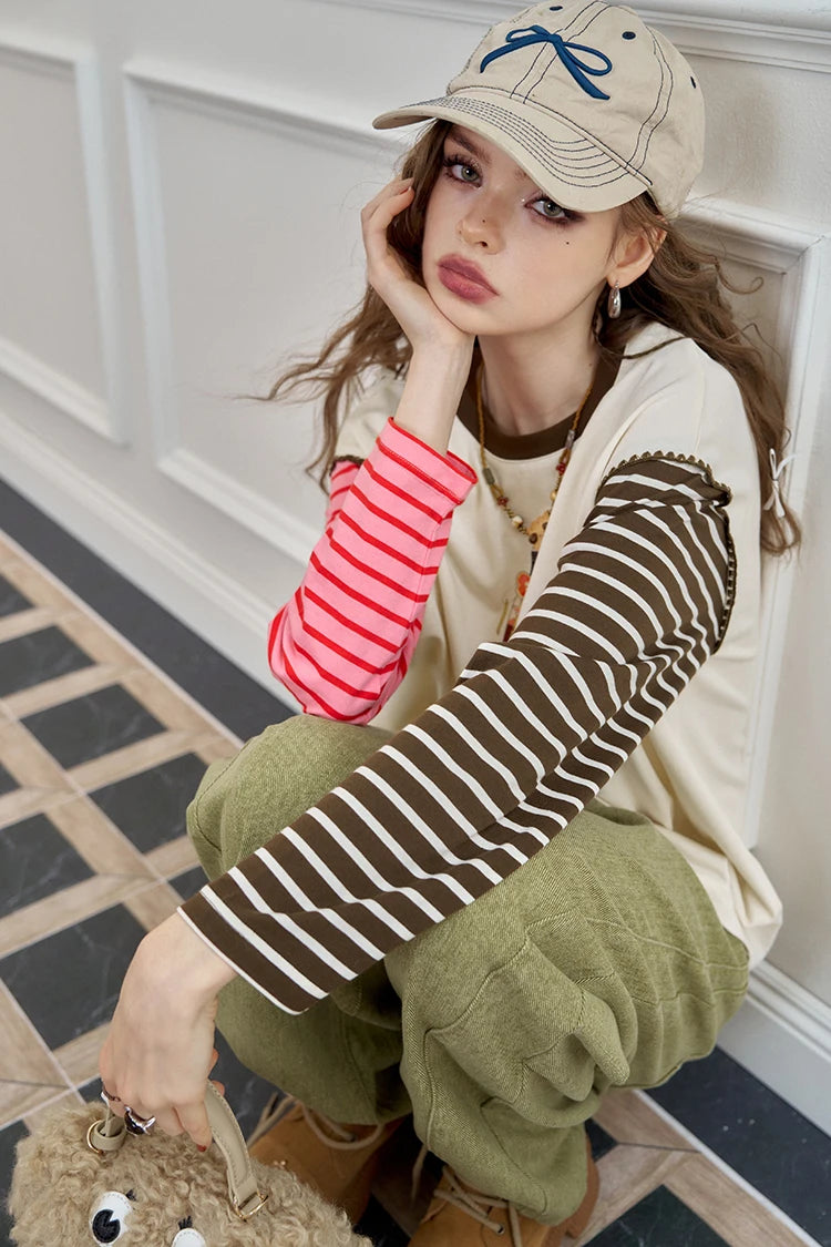 Women's Ringer Long Sleeve Tee with Cartoon Graphic Print, Contrast Striped Sleeve Top for Everyday Casual