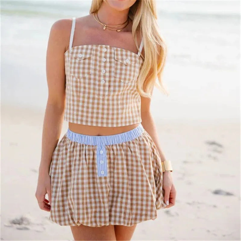 Women Gingham Plaid 2 Piece Outfit Spaghetti Strap Button Front Crop Cami Top Bubble Mini Skirt Summer Beach Vacation