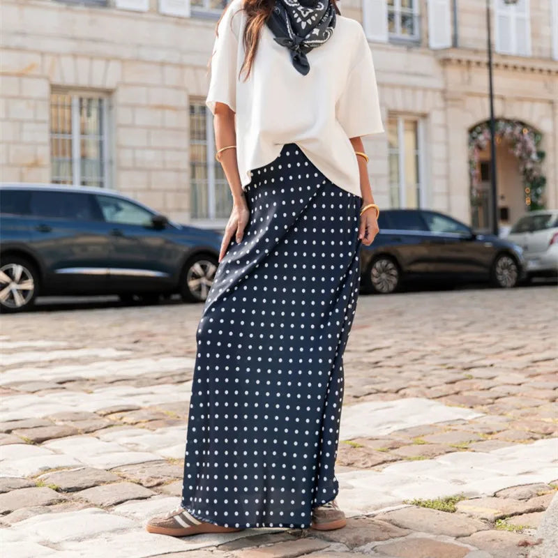 Women Polka Dot Maxi Skirt Elegant Ladies Bodycon A Line Flare Long Skirts Cute Print Flowy Maxi Satin Skirt Dress