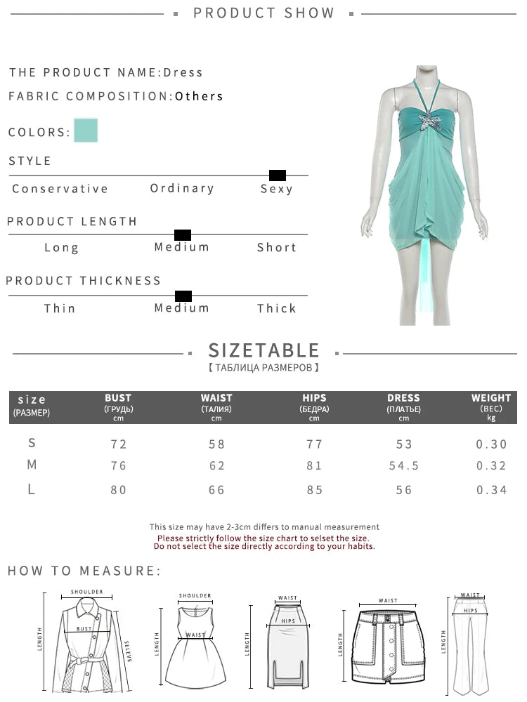 Starfish Metal Decoration Dress Women Halter Gradient Ruffles Folds Backless Sleeveless Beach Party Skinny Bodycon
