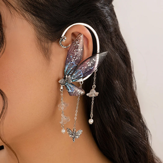 1PC Kpop Sweet Colorful Butterfly Tassel Clip Earrings Women Wed Bridal Elegant Elf Fairy Ear Cuff No Piercing Jewelry