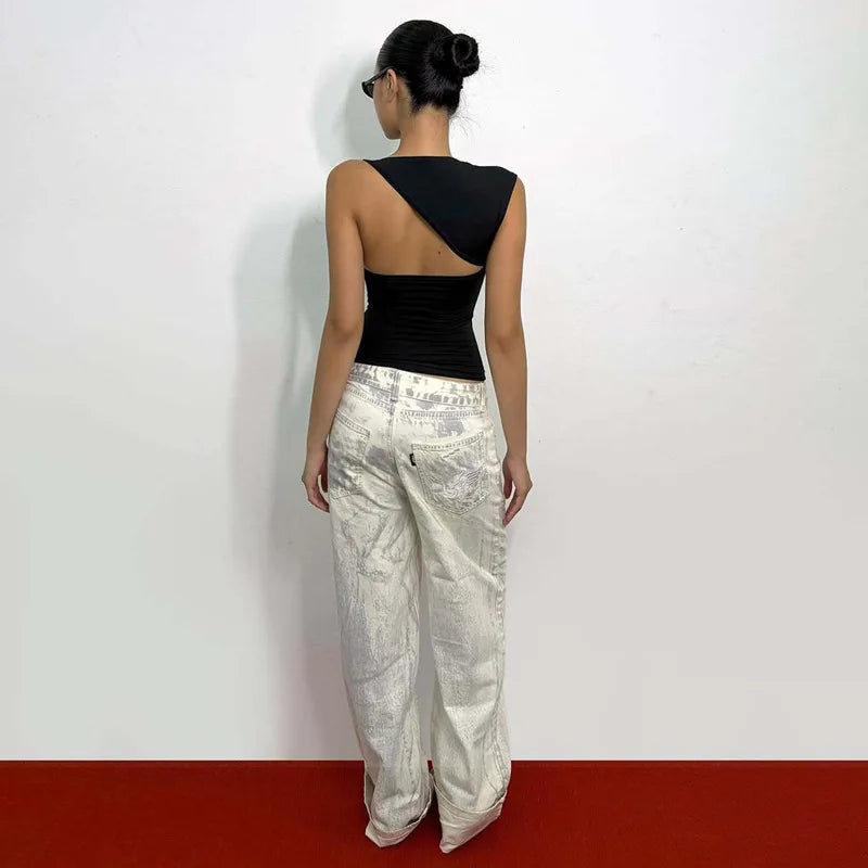 Asymmetric Neck Cut Out Tank Top Streetwear Summer Solid Color Sleeveless Backless Crop Tops Rave Clothing