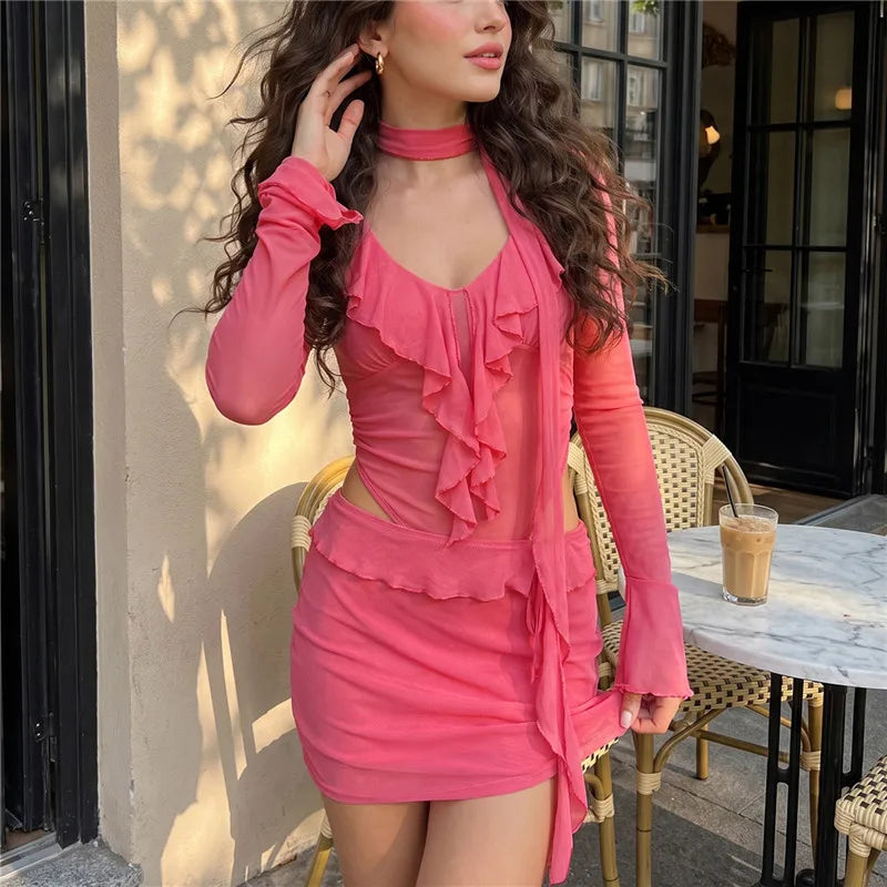 Women Y2K Sheer Mesh Bodycon Mini Dress Ruffle Detail Flare Long Sleeve Deep V Choker Cutout Slim Party Nightclub Dress