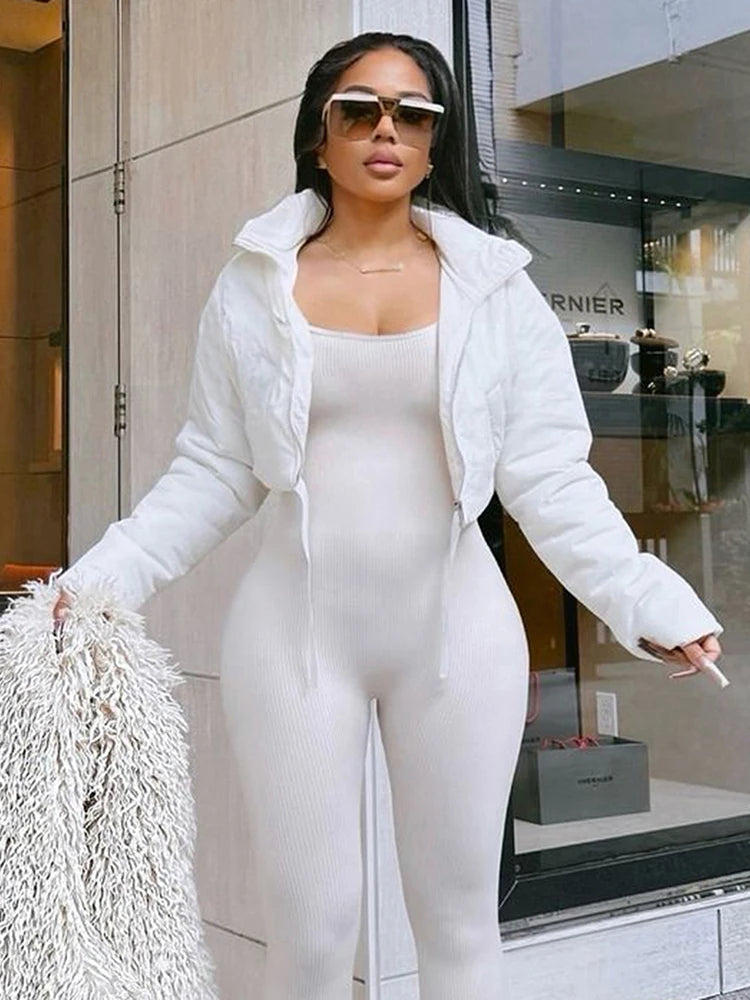 Ribbon Winter Warm Zip Crop Jacket Women Pocket Turtleneck Full Sleeve High Street Hipster Basic Puffer Quilted Parkas