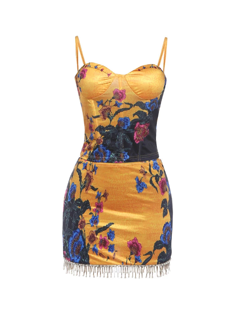 Sexy Floral Print 2 Piece Set Women Trend Square Collar Tank Top+Beads Tassel Patchwork Skirt Fashion Party Suits