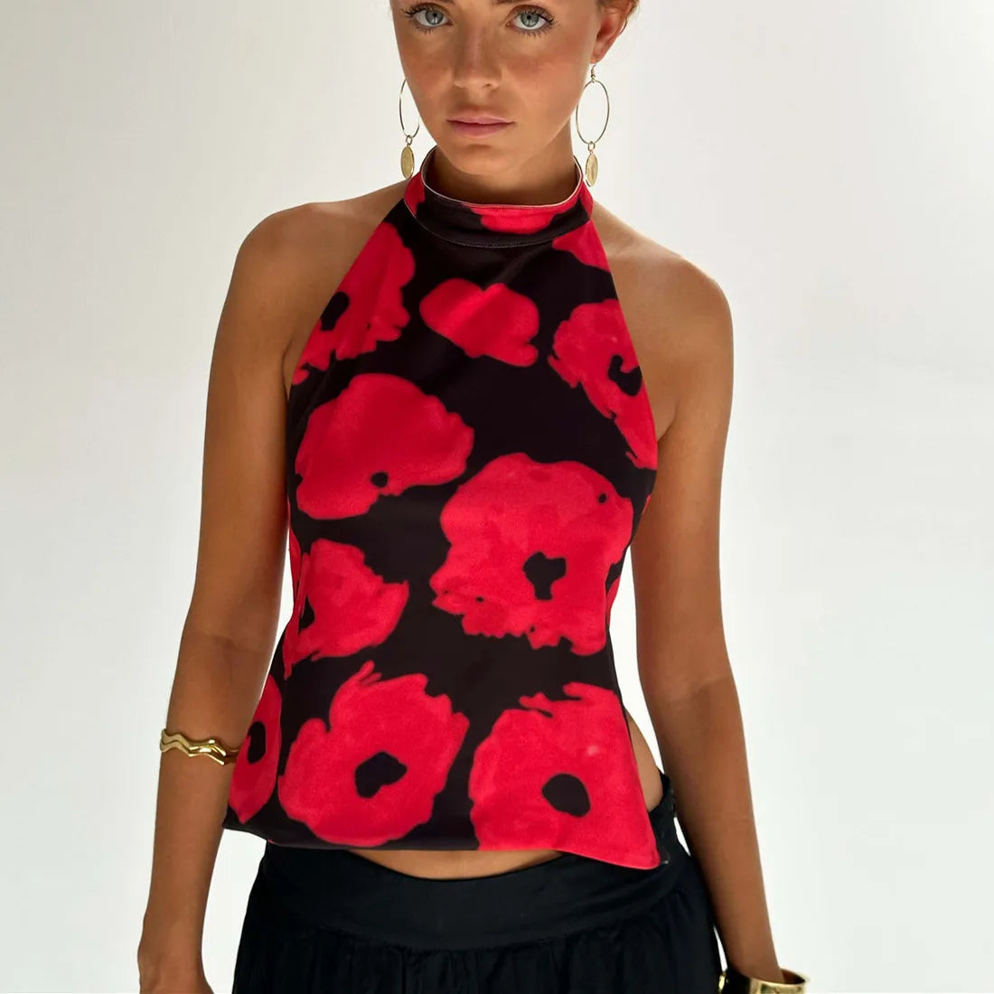 Women Y2k Floral Printed Halter Tank Top Summer Going Out Cami Tops Boho Sexy Backless Vacation Beach Camisoles