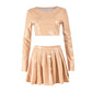 Faux Leather Women 2 Piece Set Luxury Long Sleeve Crop Tops+Pleated Skirts Basic Classic Matching Clubwear Outfits