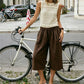 Casual Loose Wide Leg Capri Trousers Elastic Waistband Side Pockets Adjustable Drawstring Hem Baggy Cropped Culottes