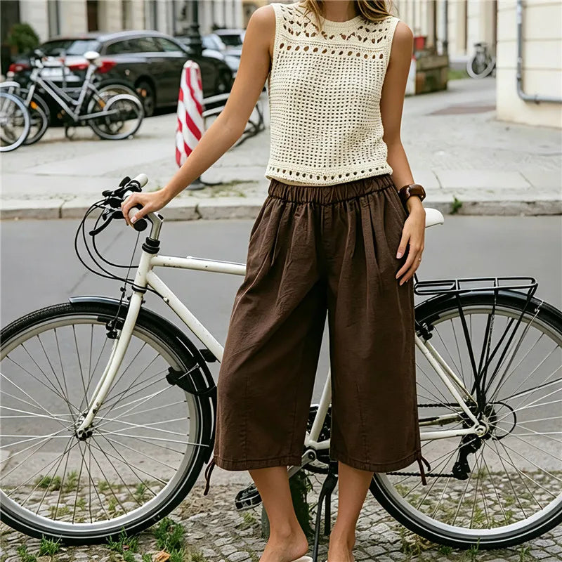 Casual Loose Wide Leg Capri Trousers Elastic Waistband Side Pockets Adjustable Drawstring Hem Baggy Cropped Culottes