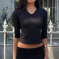 Y2K Women Solid V Neck 3/4 Sleeve Cropped Top Stretchy Slim Fitted Basic T Shirt Casual Daily Short Blouse Spring Autumn