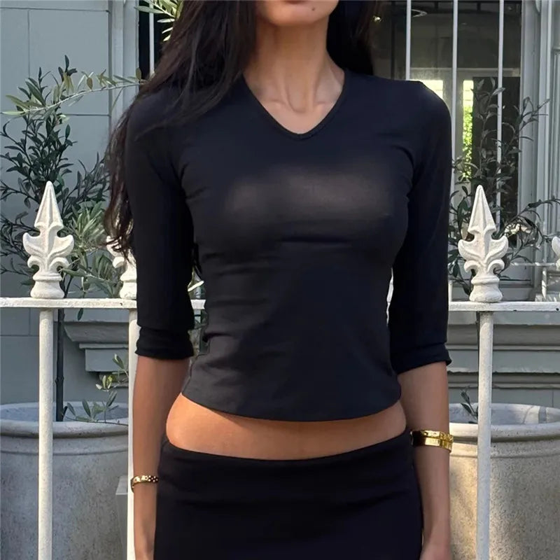 Y2K Women Solid V Neck 3/4 Sleeve Cropped Top Stretchy Slim Fitted Basic T Shirt Casual Daily Short Blouse Spring Autumn