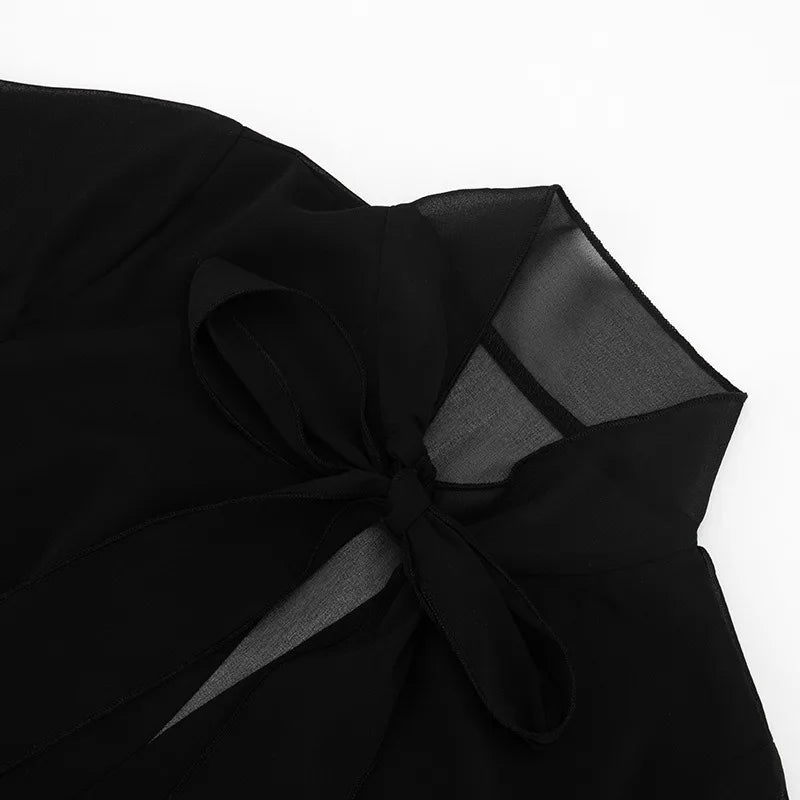 Black Sheer Mesh Blouses and Shirts for Woman Keyhole Bow Tie Flutter Sleeve Top Fashion 2026 Woman