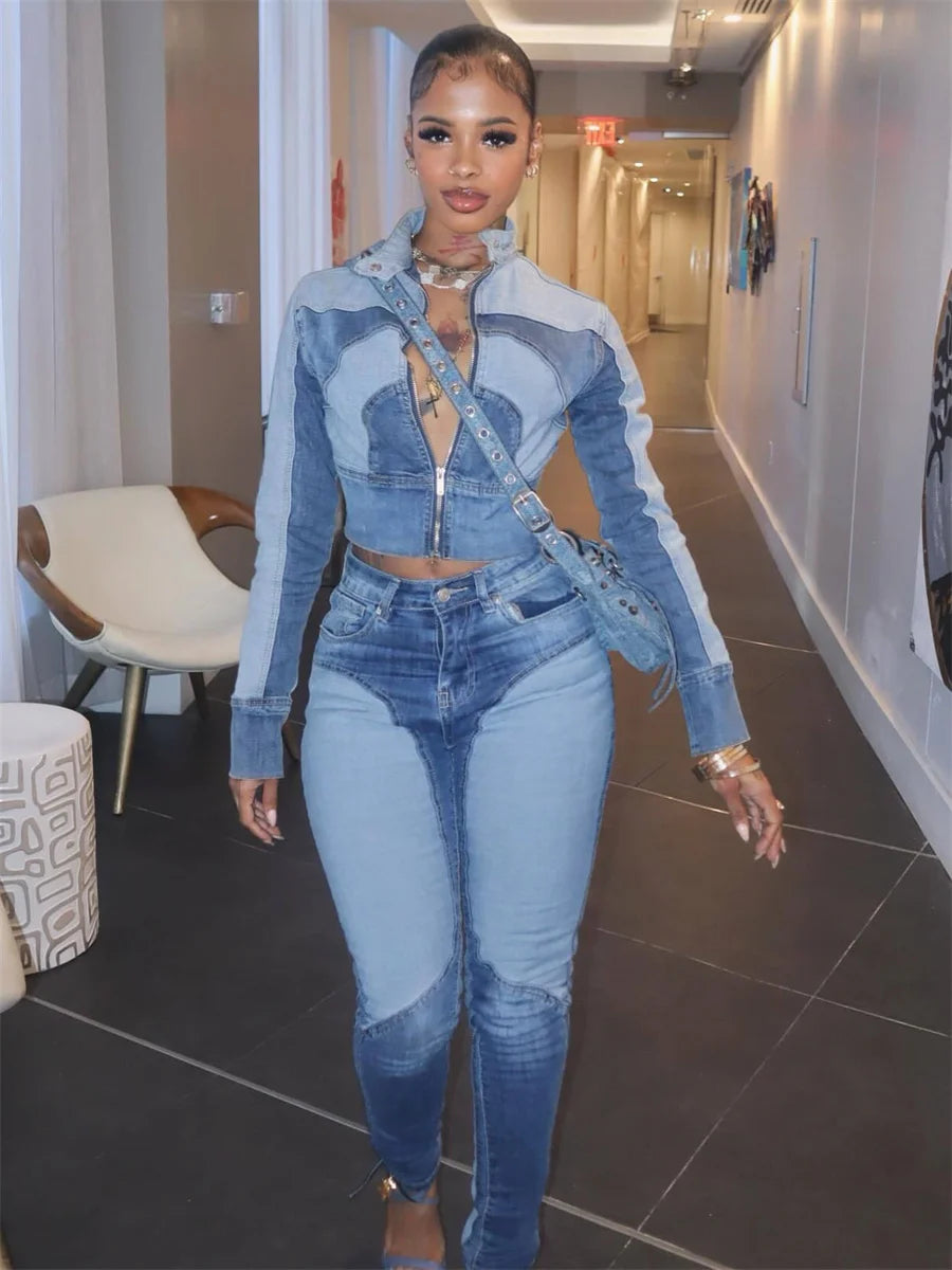 Casuals Denim 2 Piece Set Women Tracksuit Button Patchwork Full Sleeve Zip Crop Coat+Skinny Pants Autumn Trend Streetwear