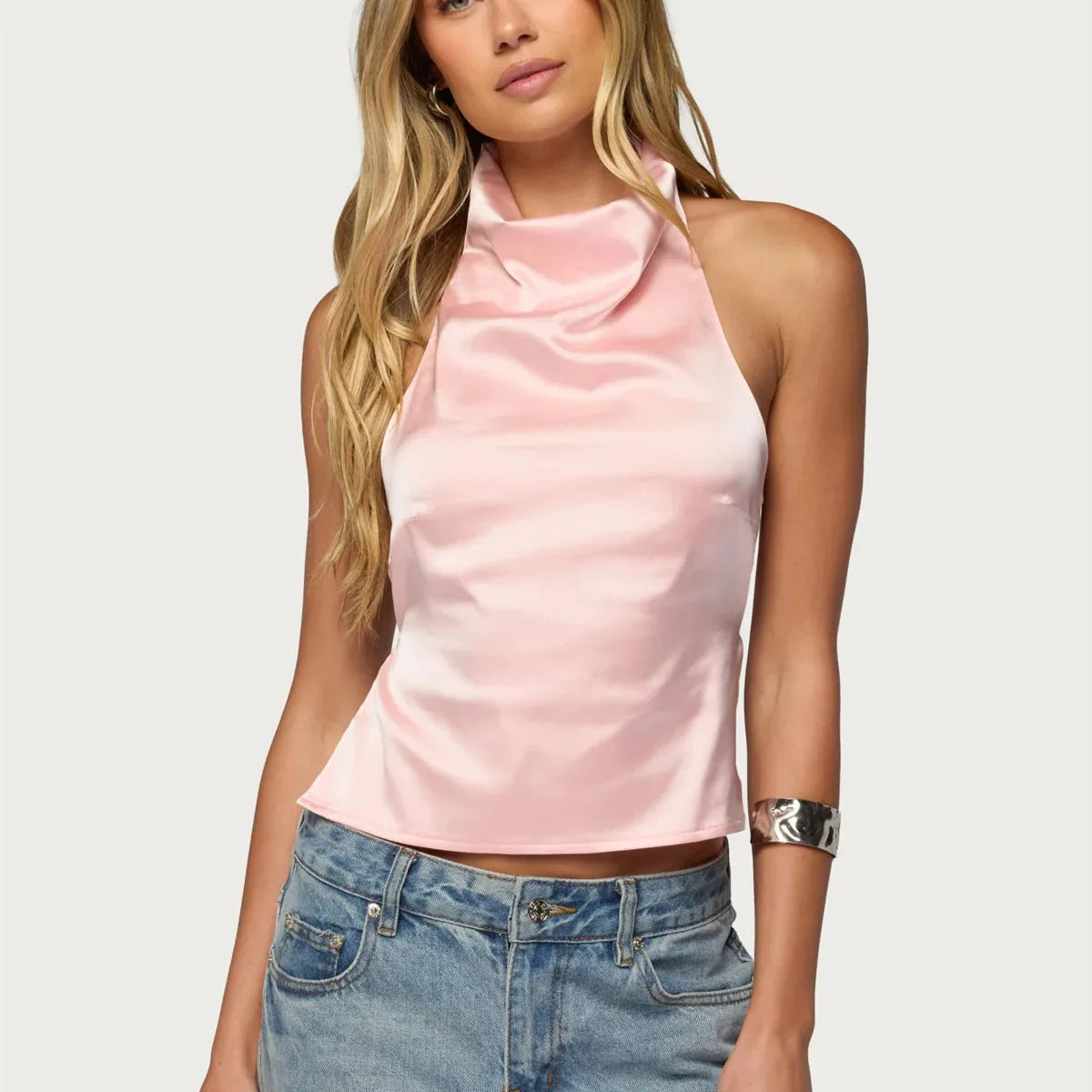 Women’s Summer Halter Tops Summer Casual Solid Color Slim Fit Cowl Neck Backless Satin Silk Vest Holiday Beachwear