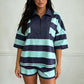 Women's Casual Striped Half Zip Two Piece Outfit Oversized Short Sleeve Top and Elastic Shorts Comfy Loungewear Set