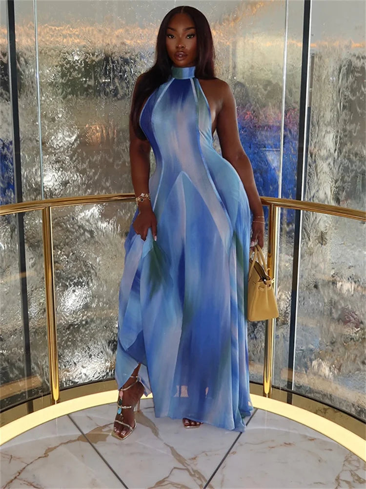 Gradient Print Dress Women Turtleneck Sleeveless Ruched Ruffles Elegant Robe Midnight Banquet Party Hipster Vestidos