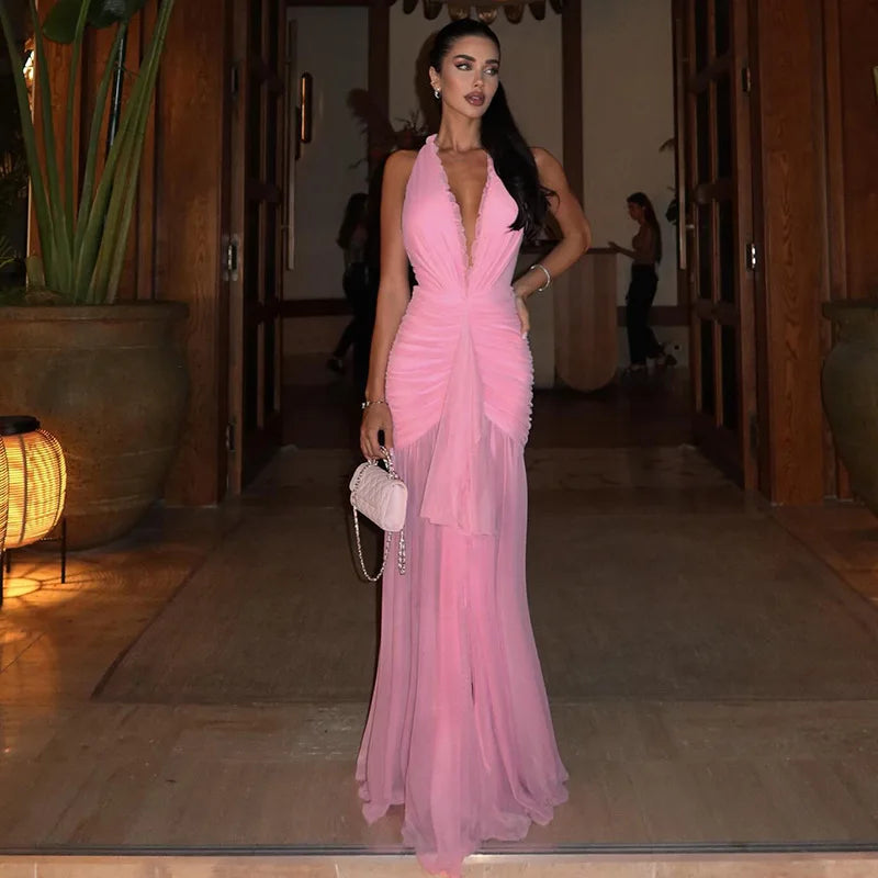 Pink Mesh Maxi Dresses for Woman Sexy Birthday Outfit Elegant Halter Backless Pleated Dress for Wedding Guest