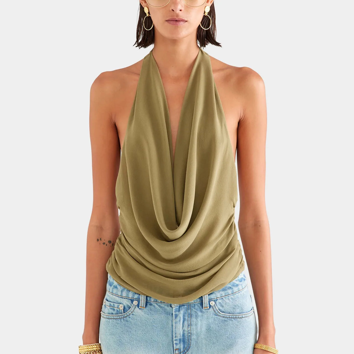 Women Trendy Halter Tops Summer Ruched Cowl Neck Backless Sleeveless Shirts for Streetwear Aesthetic Grunge Clothes