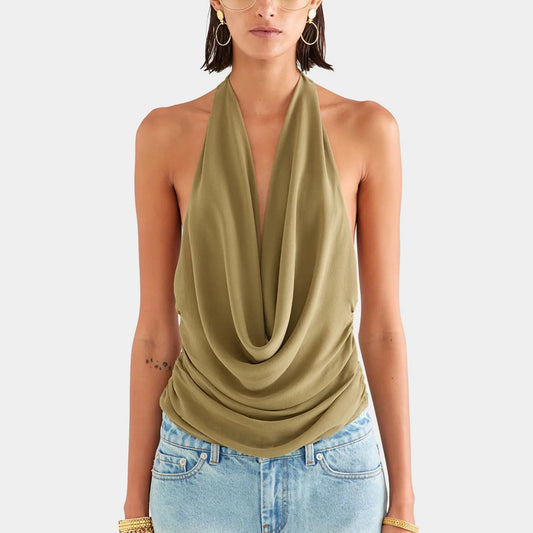 Women Trendy Halter Tops Summer Ruched Cowl Neck Backless Sleeveless Shirts for Streetwear Aesthetic Grunge Clothes