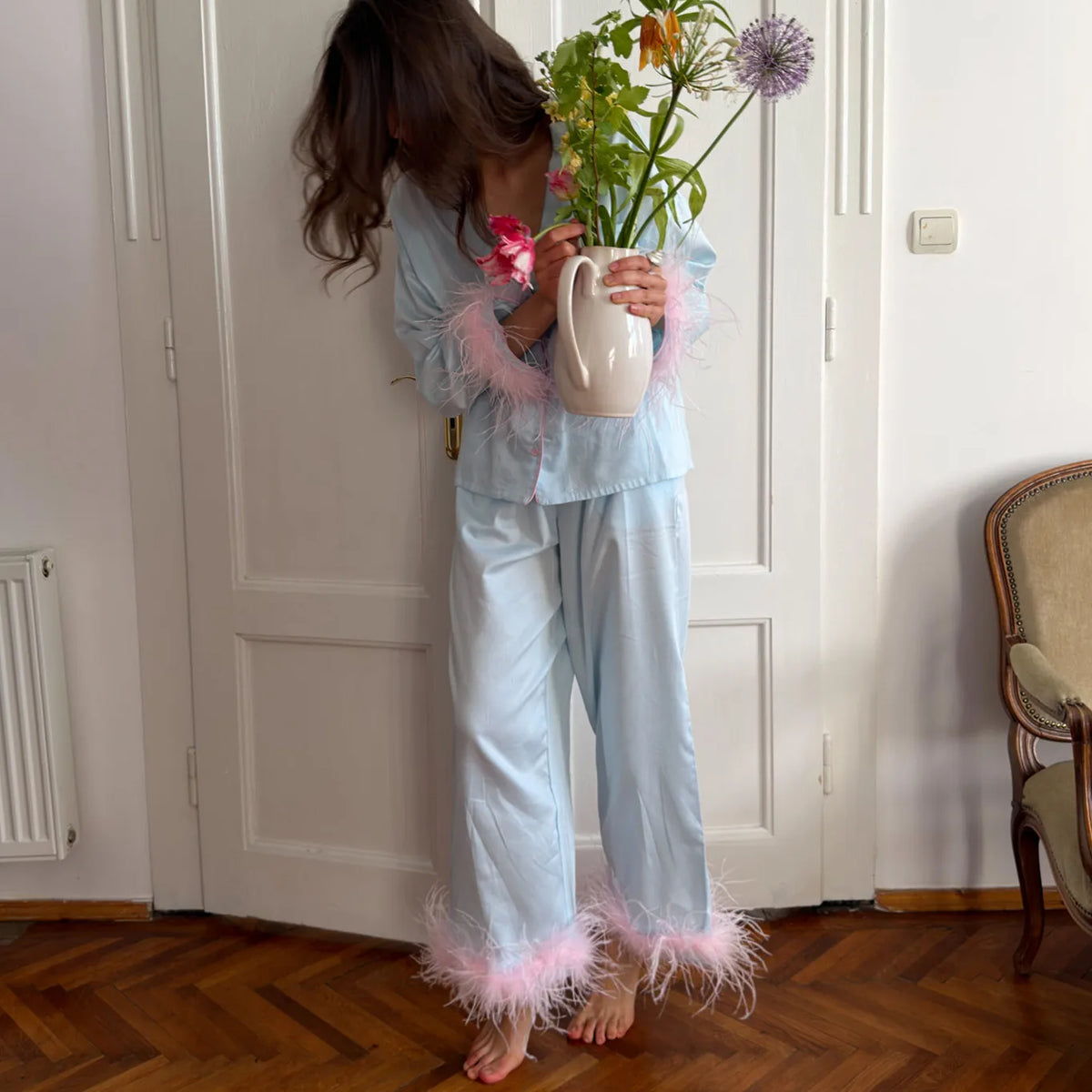 Women Feather Trim Satin Pajama Set Lapel Long Sleeve Top Wide Leg Pants Elegant Sleepwear Bachelorette Party Nightwear