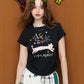 Women's Cute Graphic Tee with Cat Print, Slim Fit Short Sleeve Crew Neck T-Shirt, Casual Retro Top for Streetwear