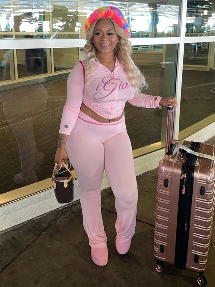 Casual Autumn Trend 2 Piece Set Woman Letter Print Full Sleeve Hooded Zip Jacket+Straight Trousers Street Fashion Outfits