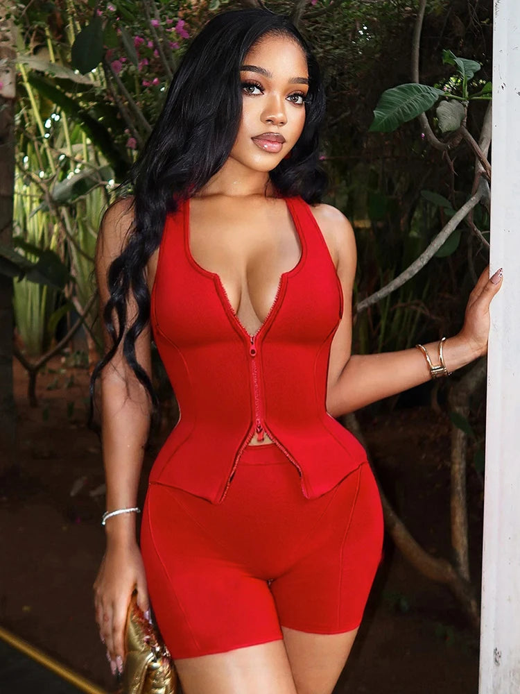 Casual Women 2 Piece Set Stretch Double Zip Tank Tops+Shorts Matching Patchwork Simple Basic Streetwear Tracksuit