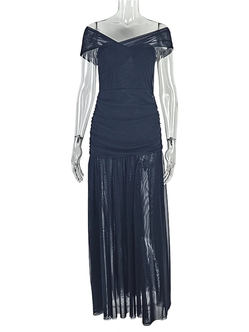 Shirring Dress Women Cross Slash Neck Elegant Patchwork Mesh Folds Stretchy Birthday Prom Evening Party Slim Vestidos