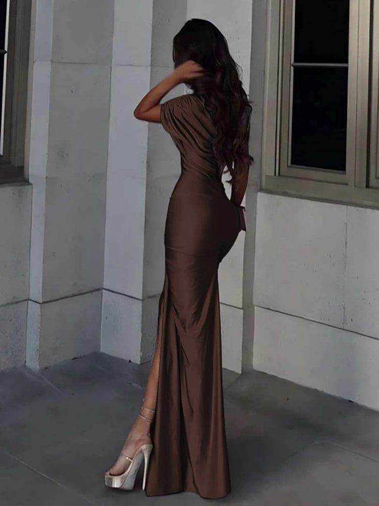 Irregular Hollow Dress Women Diagonal Collar Ruched Shorts Sleeve Trend Waistless Slits  Elegant Skinny Maxi Bodycon