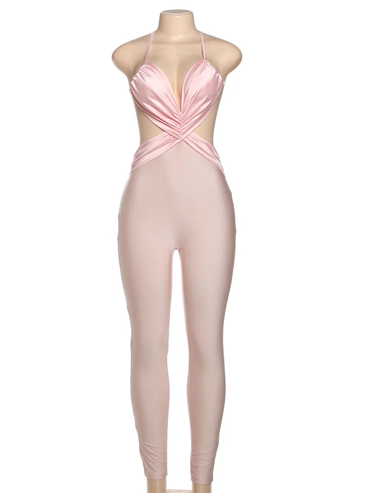 Sexy Backless Jumpsuit Women Sleeveless Cross Ruched Wrap Straps Midnight Coquette Workout Activity Fitness Overalls