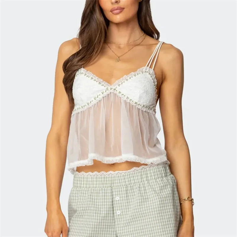 Women's Summer Babydoll Crop Tops Sexy Ladies Sleeveless Spaghetti Strap Sheer Camisole Cami Tank Tops Party Clubwear