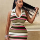 Crochet Stripe Patchwork Dress Women Halter Polo-Neck Backless Sleeveless Skinny Peach Hip Sexy Fashion Mini Bodycon