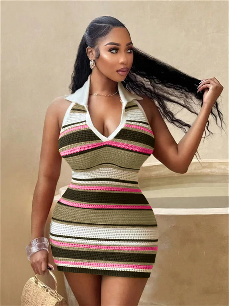 Crochet Stripe Patchwork Dress Women Halter Polo-Neck Backless Sleeveless Skinny Peach Hip Sexy Fashion Mini Bodycon