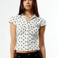 Polka Dot Short Sleeve Sexy Tops Women Cardigan Elegant Turn-down Collar Single-breasted Ruched Lace-up Club Party Top